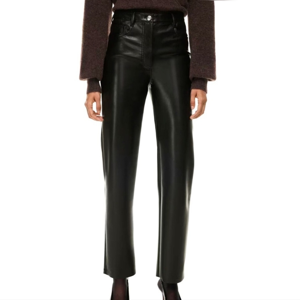 NWT Aritzia Wildred Melina Vegan Leather High Rise Straight Leg Pants in Black.
